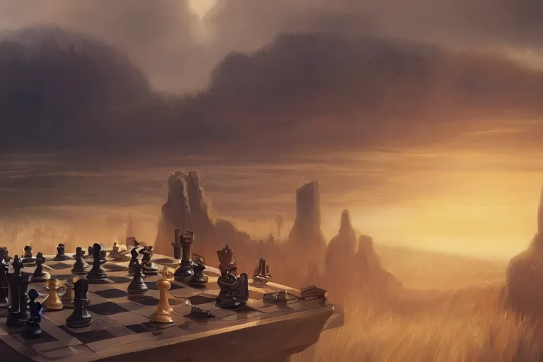 Image similar to a chess board where the pieces are lost souls, matte painting, long shot, concept art, wide shot, digital art, trending on artstation, 4 k, extremely detailed, realistic, midday, warm colors, golden sunlight, by greg rutkowski, cinematic, epic