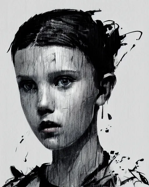 Image similar to close up portrait of millie bobby brown by yoji shinkawa, black and white, high contrast