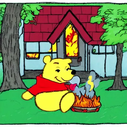 Image similar to winnie the pooh lighting a house on fire, in the style of winnie the pooh