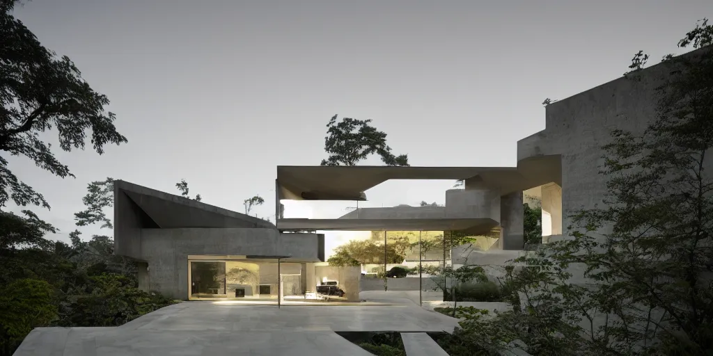 Prompt: Architectural photography of beautiful nature meets architecture concept of a residential house by Tadao Ando, volumetric lighting,, luxury, high detail, 14mm, cinematic photography, archdaily, high resolution