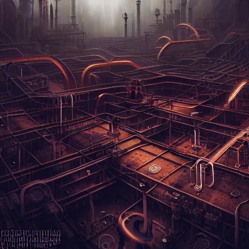 Image similar to futuristic dystopian endless, intricate, complex, labyrinthine, byzantine, tangled, industrial megafactory complex, smokestacks, pipelines and ducts and vents, matte painting, steampunk, smoke, night, gloomy, dark, dramatic, cinematic, volumetric lighting, gods eye view