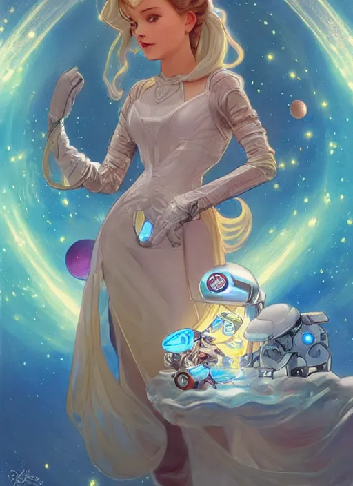 Prompt: beautiful space cottagecore princess rosalina holding a chibi robot wearing a scifi jetsuit, intricate bioluminescent highly detailed, digital painting, artstation, concept art, smooth, sharp, focus, illustration, art by artgerm and ilya kushvikov and alphonse mucha