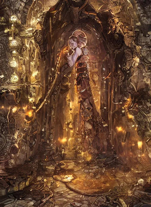 Prompt: a towering stone sentinel with a crystal core, in an ancient vault full of piled gold coins, stone pillars, fantasy digital painting, stunning intricate details, torch lighting, artwork by ross tran, artgerm