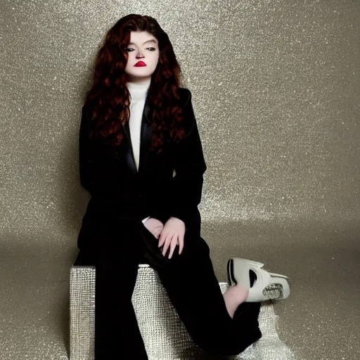 Image similar to lorde photoshoot for rolling stone magazine, glitter eye makeup, black suit jacket, white bodysuit, black dress pants, black platform heels, highly detailed with sunset backdrop and vintage props. 4 k, photo realistic,