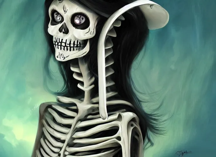 Image similar to cute & beautiful smiling mexican undead skeleton girl dressed as a vert attractive nun looking at the viewer, elegant, digital art, fantasy, pixar style, painting, pin up, highly detailed, artstation, art by artgerm, vrubel, boris vallejo and ilya kuvshinov