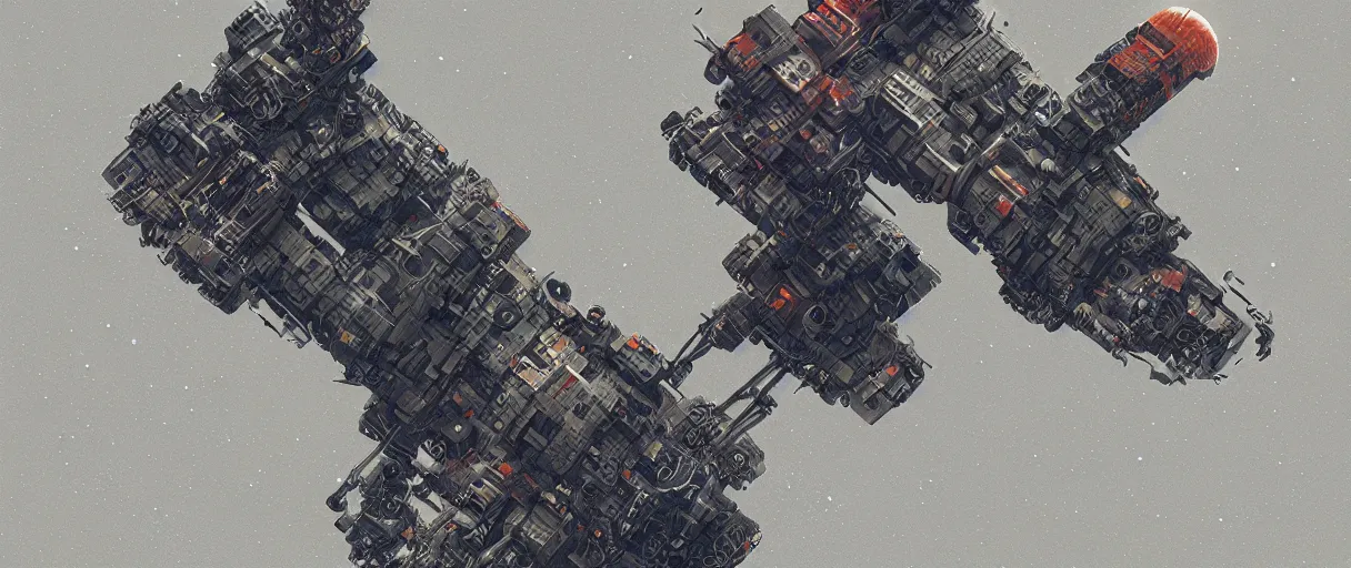 Prompt: illustration, a single scouting spaceship, deep space exploration, the expanse tv series, industrial design, space travel, intergalactic, cinematic lighting, 4k, greebles, widescreen, wide angle, beksinski, sharp and blocky shapes, deep palette