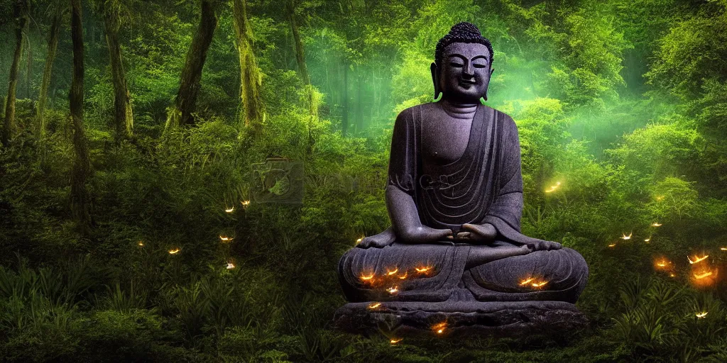 Prompt: buddha statue in lush forest at night with glowing fireflies and mystical ambience, desaturated, high focus, highly detailed, cgsociety