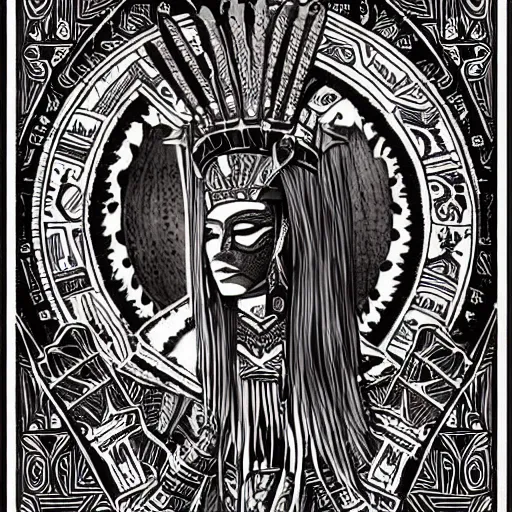 Image similar to character design, aztec warrior goddess, crown of body length feathers, full body, glowing aztec tattoos, beautiful, dark fantasy