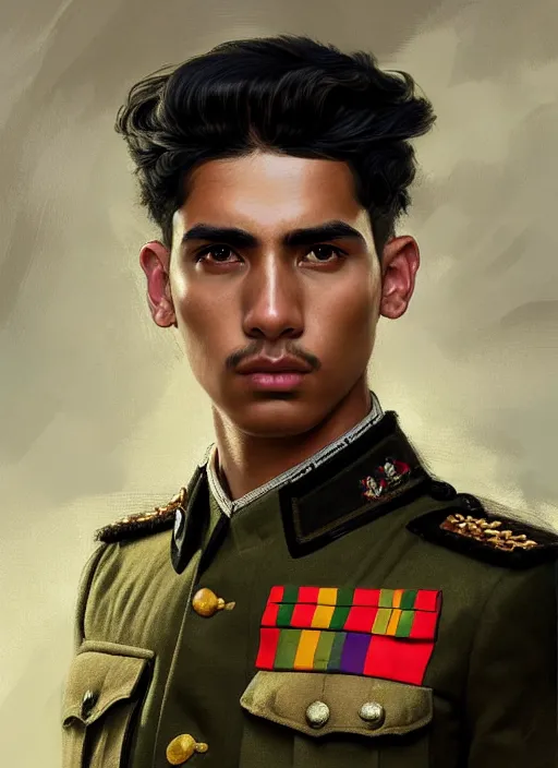 Image similar to portrait of stoic looking young peruvian soldier, military uniform, black hair, thick eyebrows, fantasy, intricate, elegant, highly detailed, centered, dark, smokey, digital painting, artstation, concept art, smooth, sharp focus, illustration, art by artgerm and greg rutkowski and alphonse mucha