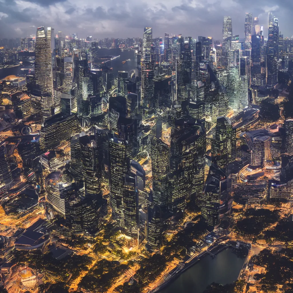 Image similar to blade runner style scenery in singapore with marina bay sands in photorealistic detail hd 8 k