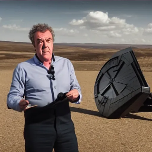 Image similar to Jeremy Clarkson reviewing a Tie Fighter, Star wars, Top Gear, 8k, high quality