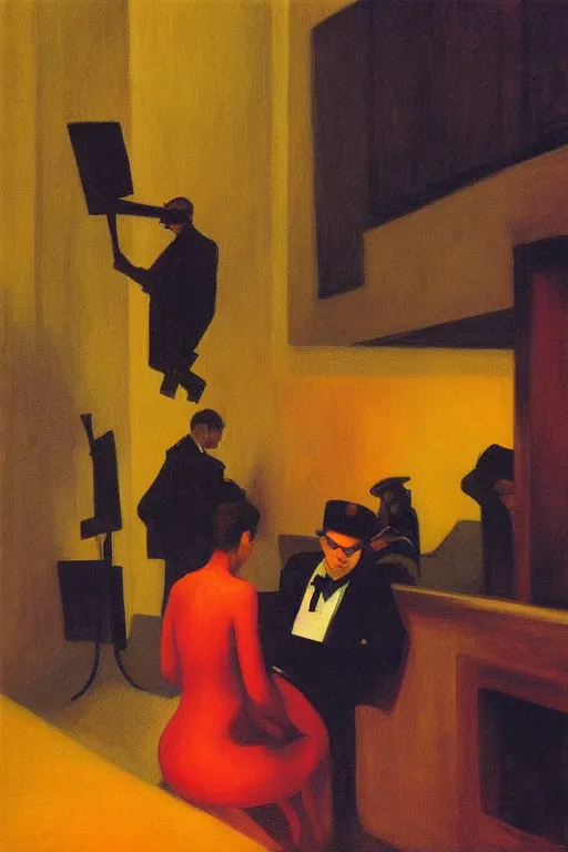 Image similar to a Jazz and Beatnik Poetry reading on night club, Edward Hopper and James Gilleard, Zdzislaw Beksisnski, highly detailed