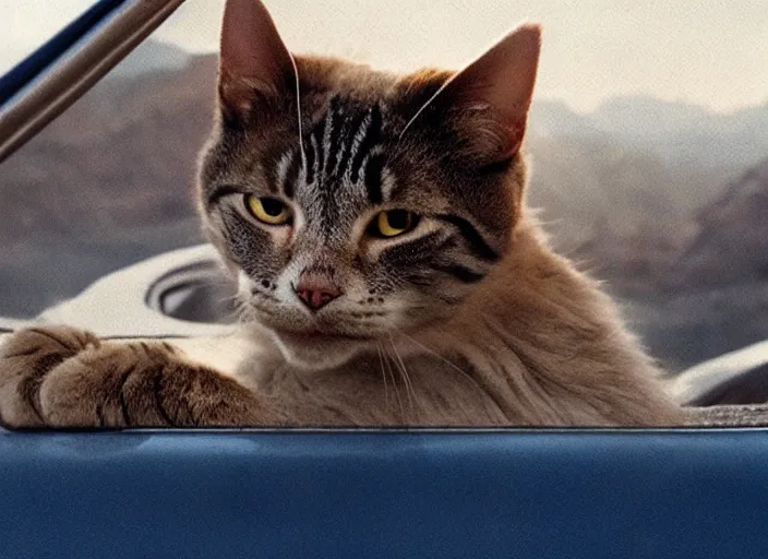 Image similar to A very high resolution image from a new movie, a cat driving a car around, inside of a car , mountains, Polaroid, directed by wes anderson