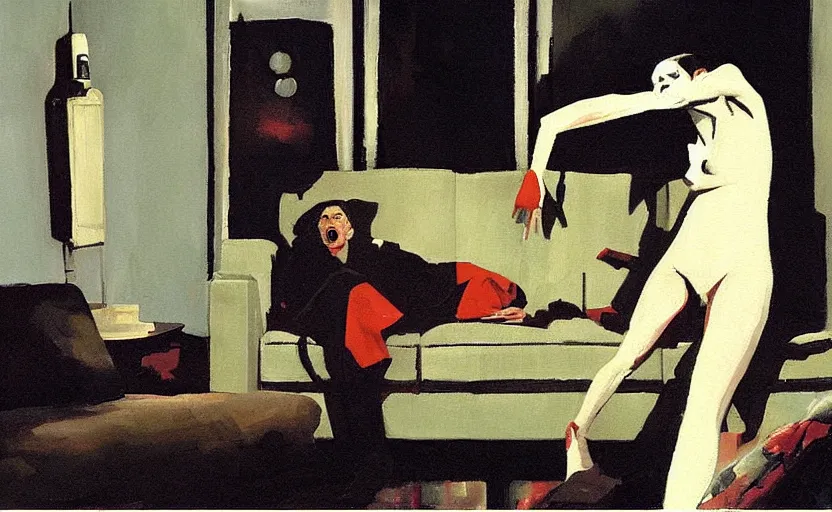 Prompt: a thin man screams at a telephone beside a sofa in a dark living room, painted by phil hale and rick berry and tom lovell and frank schoonover, highly detailed