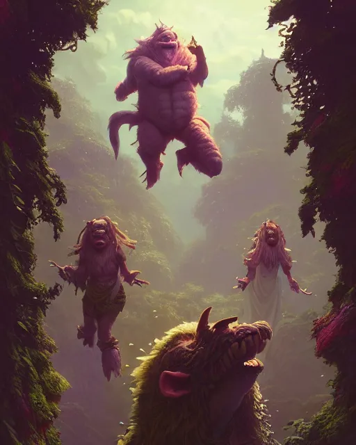 Image similar to highly detailed surreal vfx portrait of a happy orcs in a fairytale world, stephen bliss, unreal engine, greg rutkowski, loish, rhads, beeple, makoto shinkai and lois van baarle, ilya kuvshinov, rossdraws, tom bagshaw, alphonse mucha, global illumination, detailed and intricate environment