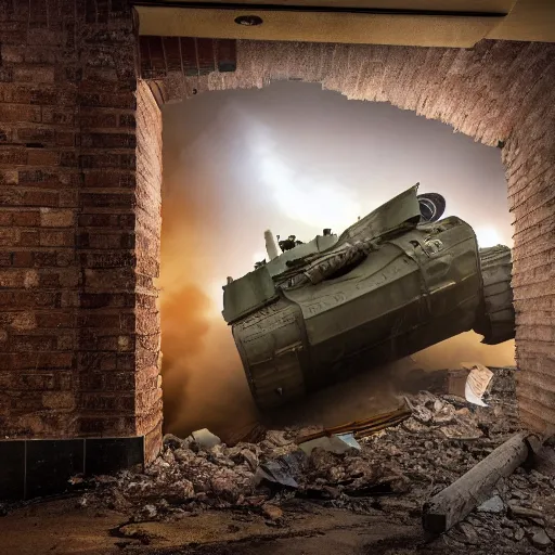 Image similar to a tank crashing through the walls of an apartment building, 4 k, high detail, high - resolution photograph, professional photography, ultra - detail