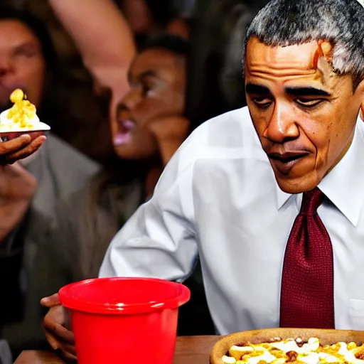 Prompt: barack obama eating chili fries, eating, chili fries, cheesy, eating, eating, eating