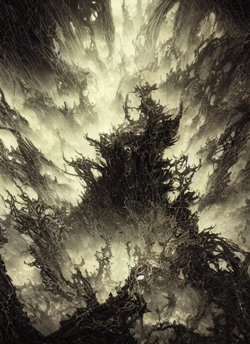 Image similar to an explosion of fractals, dark colors, sinister atmosphere, dramatic lighting, cinematic, establishing shot, extremely high detail, photo realistic, cinematic lighting, pen and ink, intricate line drawings, by Yoshitaka Amano, Ruan Jia, Kentaro Miura, Artgerm, post processed, concept art, artstation, matte painting, style by eddie mendoza, raphael lacoste, alex ross