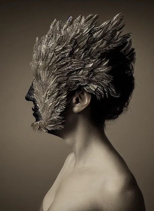 Prompt: a woman's face in profile, made of elaborate swan feathers, in the style of the Dutch masters and Gregory Crewdson, dark and moody