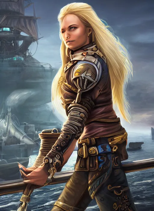 Image similar to An epic fantasy comic book style portrait painting of tall blonde haired female sky-pirate with a serious face and a pony tail in front of a metal gangplank in the style of the wheel of time, unreal 5, DAZ, hyperrealistic, octane render, cosplay, RPG portrait, dynamic lighting