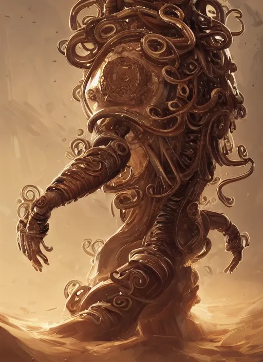 Prompt: a highly detailed illustration of wavy brown haired young white guy wearing brown coat and face mask with many mechanical tentacle arms on his back, dramatic hands in pocket standing pose, intricate, elegant, highly detailed, centered, digital painting, artstation, concept art, smooth, sharp focus, league of legends concept art, WLOP