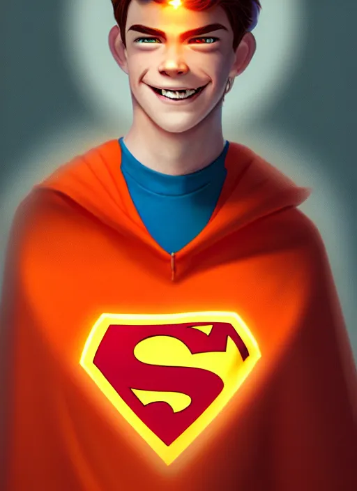 Image similar to friendly teenage archie andrews wearing an orange superhero costume with heart logo, freckles, superhero costume, heart emblem on chest, cape, intricate, elegant, glowing lights, highly detailed, digital painting, artstation, sharp focus, illustration, art by wlop, mars ravelo and greg rutkowski