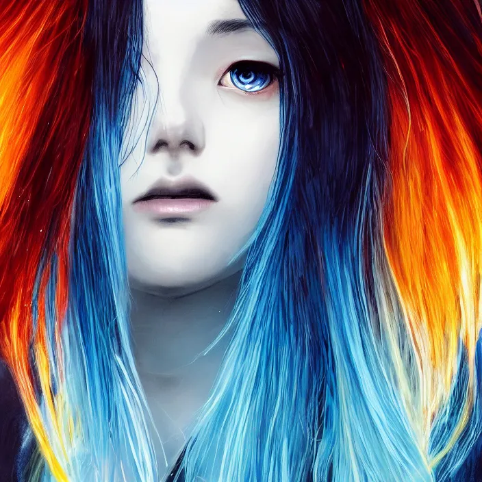 Image similar to full face shot of rimuru tempest, sky blue straight hair, long bangs, with amber eyes, wearing a black jacket, high collar, ultra detailed, concept art, award winning photography, digital painting, cinematic, wlop artstation, closeup, pixiv, evil, yoshitaka amano, andy warhol, ilya kuvshinov,