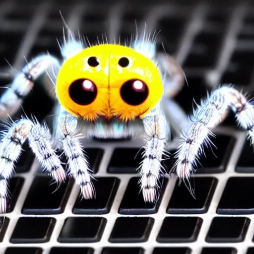 Image similar to a jumping spider pressing tiny keyboard keys tiny, by pixar, macro lens, iridescent, character concept art