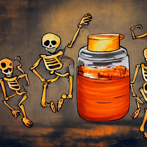 Image similar to skeletons running, painted on a jar, roman, abstract, orange theme, 8k resolution