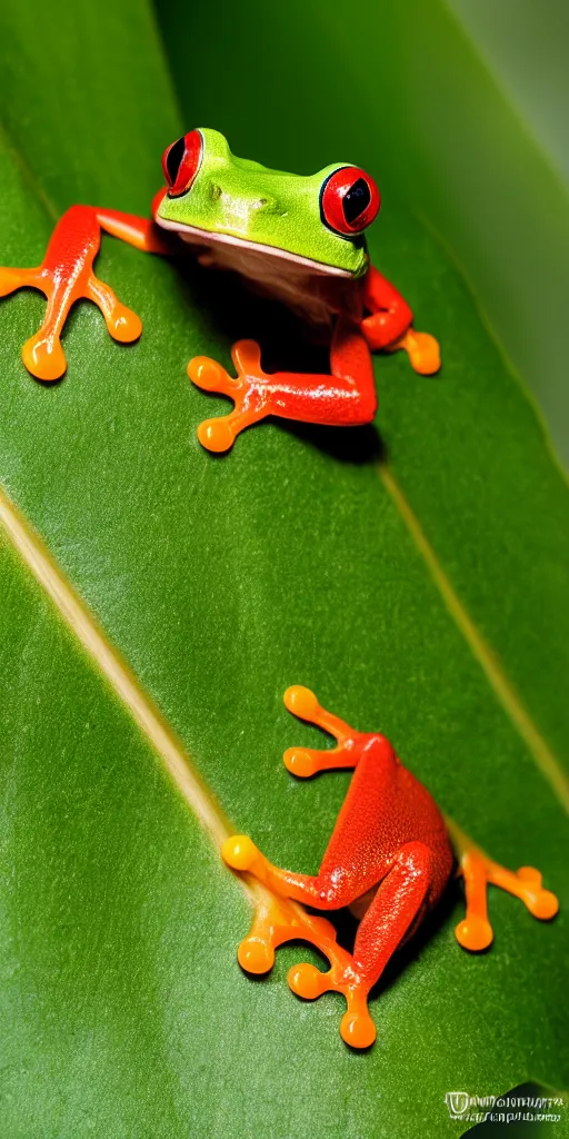 Prompt: red-eyed tree frog on a leaf, Nikon D810, ƒ/5.0, focal length: 46.0 mm, Exposure time: 1/60, ISO: 400, hyper-detailed, award-winning National Geographic photo