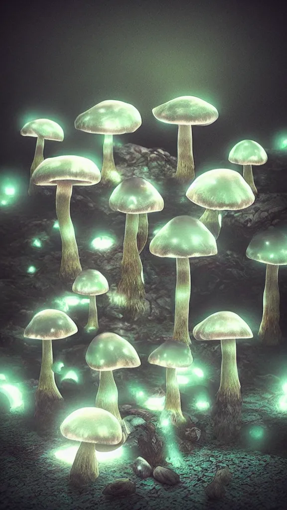 Image similar to “bioluminescent mushrooms, Artstation HQ, photorealistic, hiperrealistic, sharp focus, 4k UHD, Unreal Engine 5, cinematic shot, cinematic lightning, dark tones, high contrast, intricate, masterpiece”