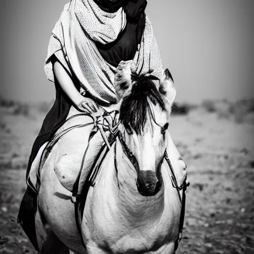Image similar to beautiful burqa's woman, ride horse in saharan, sharp eyes, handling riffle on chest, shooting pose, perfect posture, dust, cinematic, dynamic pose, pinterest