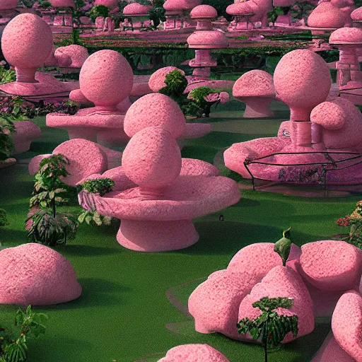 Prompt: a beautiful hyperdetailed matte painting of a rose - garden out of rose - quartz by beeple, digital art, trending on artstation, rectilinear, octane render, hyperrealism.