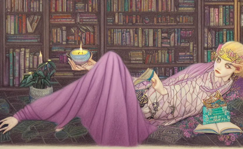 Image similar to a pastel drawing of a woman wizard, ornate clothing, lounging on a purpur pillow on the marbled checkered floor in her study room reading an ancient tome. to the side is a potted plant, moody candlelit raytracing. ancient scifi fantasy setting. detailed face, sharp focus. by chie yoshii and charles vess