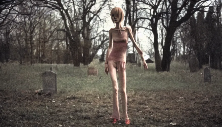 Image similar to 7 0 s film still from a horror movie starring a person with anorexia dancing in a graveyard, kodachrome, cinecolor, cinestill, photorealism, cinematic, film grain, film texture, vhs recording