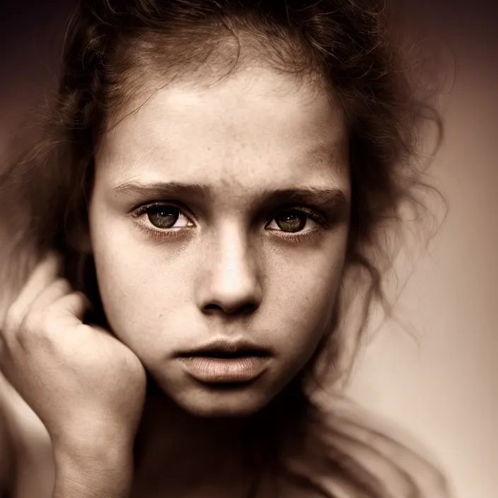 Prompt: dramatic photographic Close-up face of a extremely beautiful girl and light brown hair , high light on the left, non-illuminated backdrop, illuminated by a dramatic light, volumetric light, Low key lighting, light dark, High constrast, dramatic , Steve Mccurry, Lee Jeffries , Norman Rockwell, Craig Mulins ,dark background, high quality, photo-realistic, 8K,