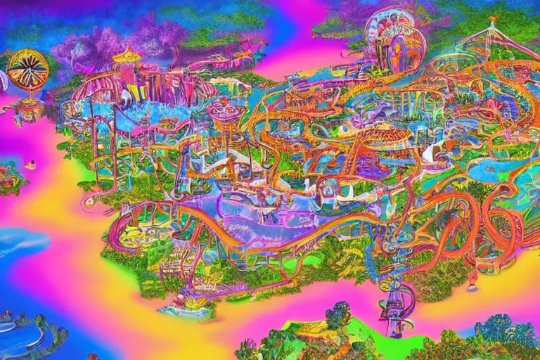 Image similar to Map of a psychedelic realm in the style of a theme park map highly detailed, full color, as painted by lisa frank and bob ross, unreal engine