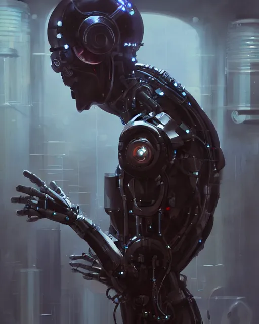 Image similar to a laboratory operator man with cybernetic enhancements seen from a distance, halfbody portrait, scifi character portrait by greg rutkowski, peter mohrbacher, daytoner, cinematic lighting, dystopian scifi gear, profile picture, mechanical, cyborg, half robot