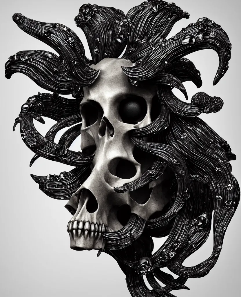 Image similar to goddess princess face close-up portrait ram skull. sculpture made of black and dichroic. jellyfish phoenix head, nautilus, orchid, skull, betta fish, bioluminiscent creatures, intricate artwork by Tooth Wu and wlop and beeple. octane render, trending on artstation, greg rutkowski very coherent symmetrical artwork. cinematic, hyper realism, high detail, octane render, 8k