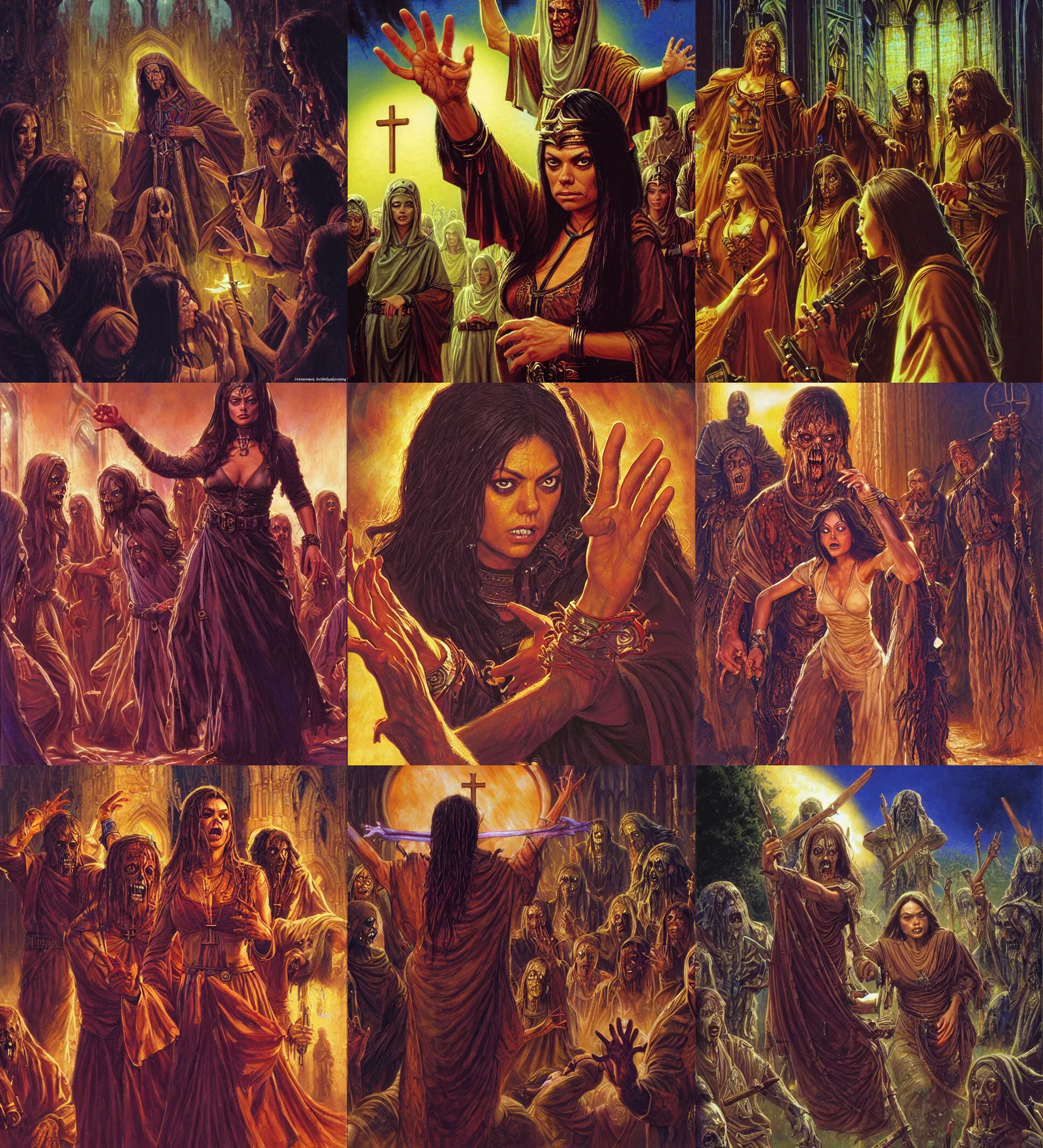 Prompt: action close - up portrait of priestess mila kunis teaching her people in church as zombies storm in, donato giancola, tim hildebrandt, wayne barlow, bruce pennington, larry elmore