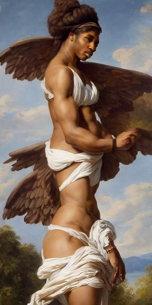 Image similar to Portrait of Serena Williams as Nike Goddess, large wings, luxuriant, dreamy, eternity, romantic, strong pose, highly detailed, in the style of Franz Xaver Winterhalter, highly detailed, in the style of Aetherpunk