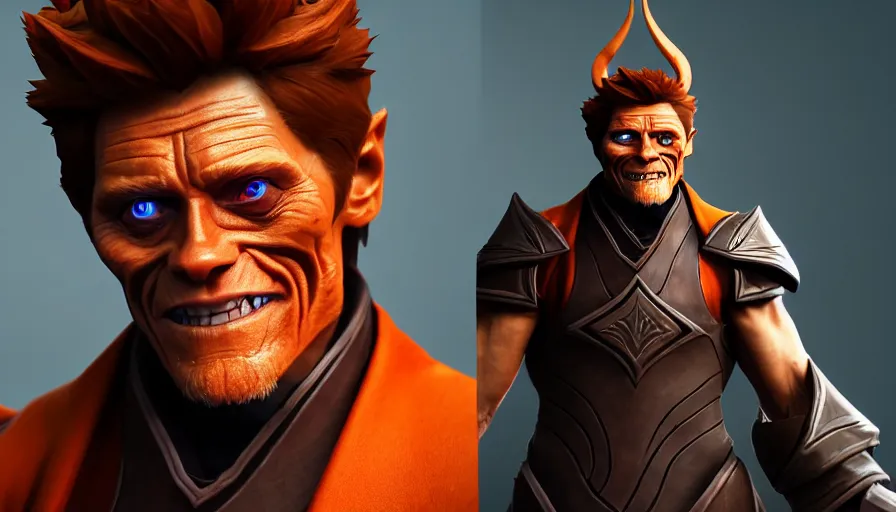 Image similar to willem dafoe as dota 2 game character, symmetrical, dota 2 game screenshot, 4 k, ray tracing, octane render, ultra hd