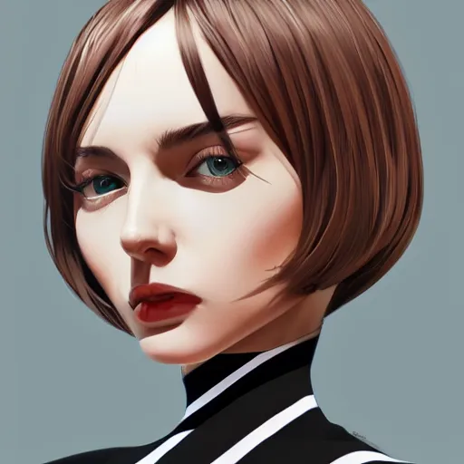 Image similar to slim cruel girl in striped dress with brown bob hair, elegant, 2 d, ultra highly detailed, digital painting, smooth, sharp focus, artstation, art by ilya kuvshinov,