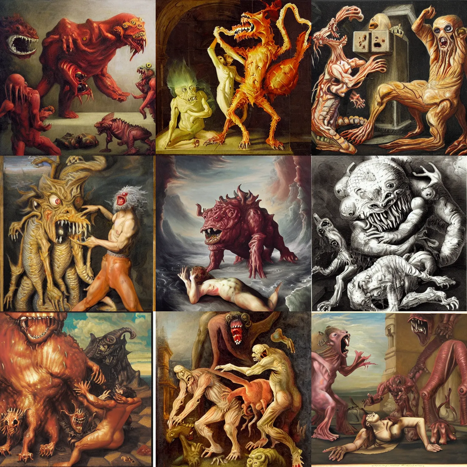 Prompt: flesh beast, gelating cube creature, horrifying monster, baroque painting