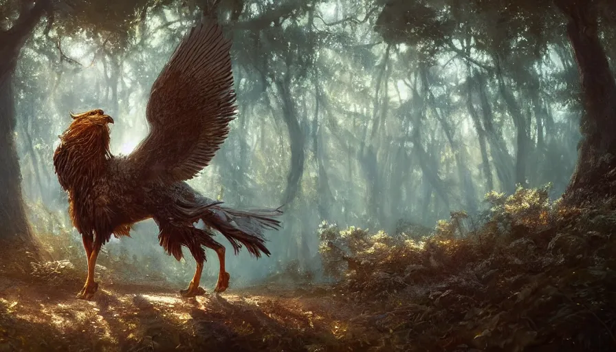 Prompt: A beautiful detailed painting of a griffin in a magical forest, ray traced sun light, by Greg Rutkowski and Kalin Popov , Trending on artstation HD.