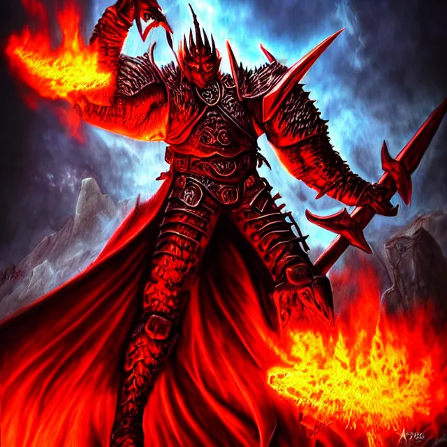 Image similar to hell knight with firepowers, highly detailed, 4 k, hdr, smooth, sharp focus, high resolution, award - winning photo, anne stokes, photorealistic, digital art