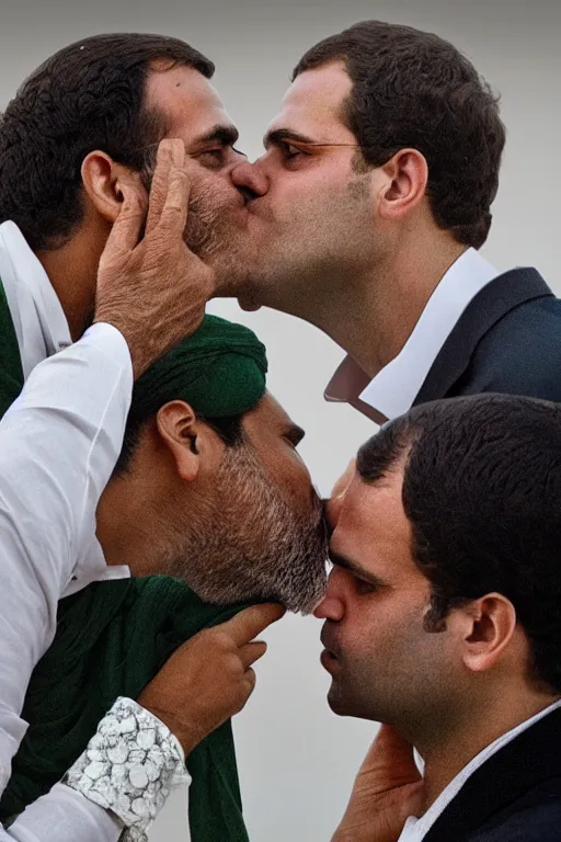 Prompt: narendra modi kissing rahul gandhi, closeup, india, detailed, photography alexey kurylev, cinematic