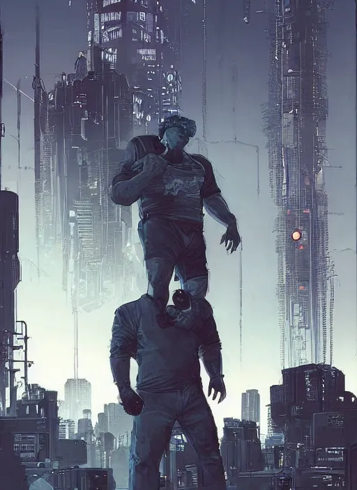 Prompt: Dumb Bubba. Buff cyberpunk meathead trying to intimidate hacker. Large man looms over hacker. Realistic Proportions. Concept art by James Gurney and Laurie Greasley. Moody Industrial skyline. ArtstationHQ. Creative character design for cyberpunk 2077.