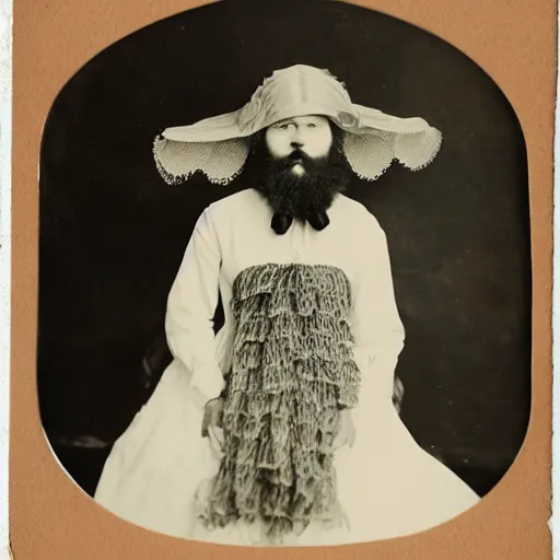 Image similar to bearded lady in fine victorian fashion, ribbons in beard, fancy hat, vintage photography