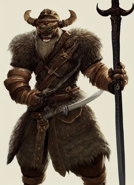 Prompt: strong young man, photorealistic bugbear ranger holding aflaming sword, black beard, dungeons and dragons, pathfinder, roleplaying game art, hunters gear, jeweled ornate leather and steel armour, concept art, character design on white background, by studio ghibli, makoto shinkai, kim jung giu, poster art, game art